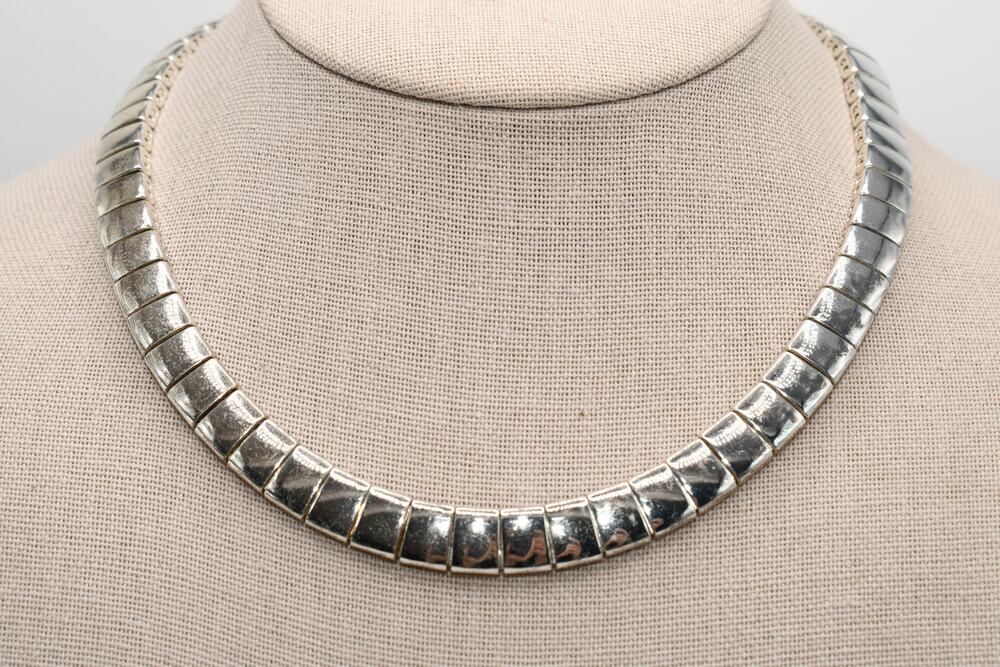 Vintage Silver Tone Rectangular Link Choker Necklace 15.5 Mid Century